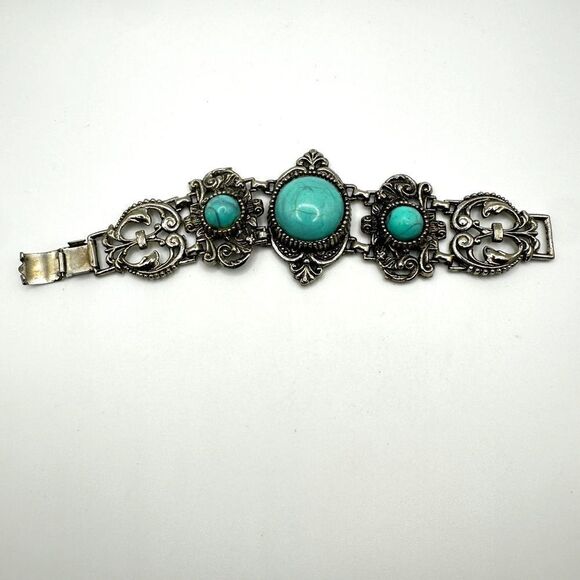 Vintage 7" Lucite Cabochon mid-century bracelet in silver tone metal! - Picture 1 of 13